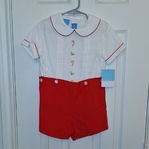 Anavini Red and White Baby Romper with Candy Cane Embroidery 4T